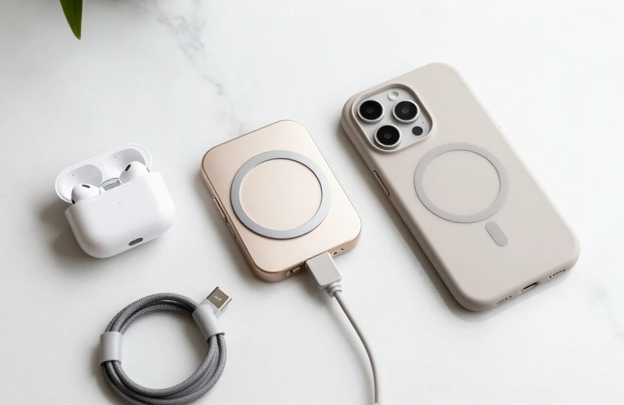 AirPods, iPhone e acessórios de carregamento sobre fundo claro