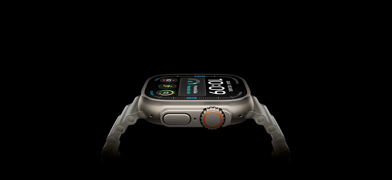 Apple Watch Ultra 4 em perfil lateral, com caixa de titânio e mostrador digital