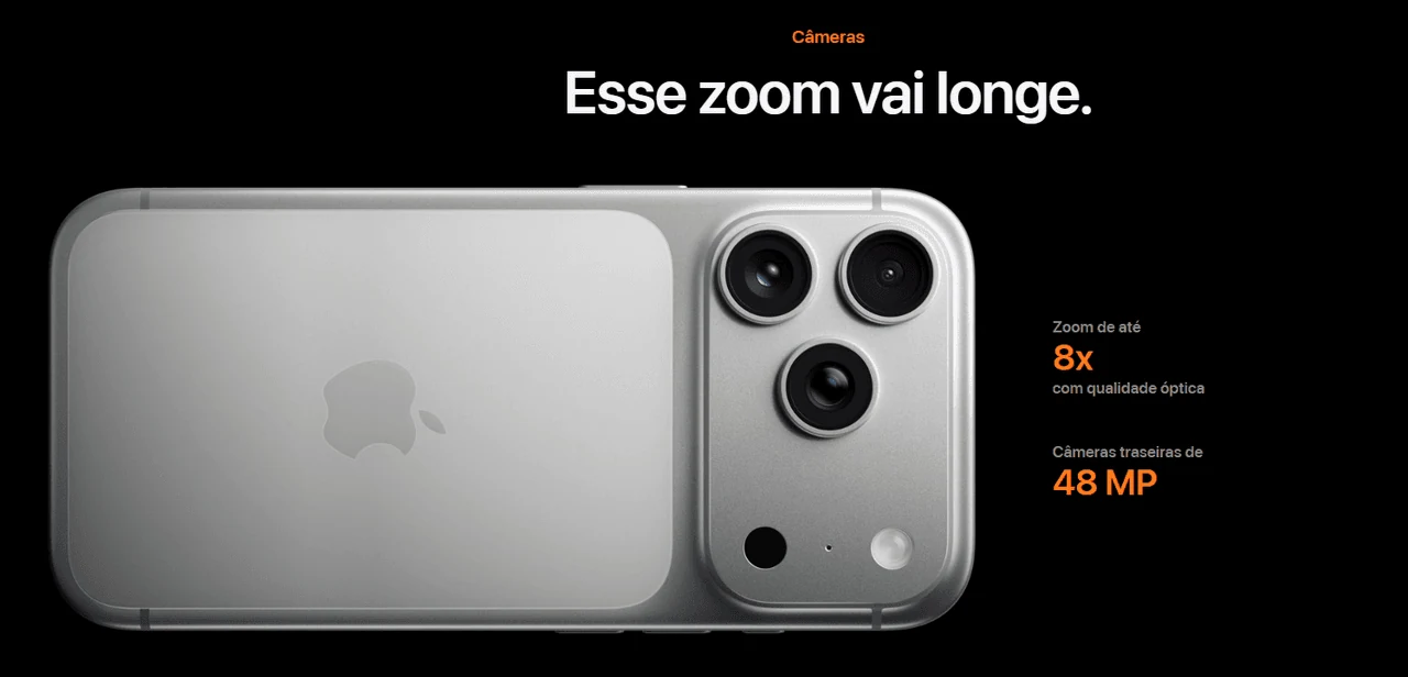 iPhone 17 Pro com câmera traseira de 48 megapixels e zoom óptico de até 8x