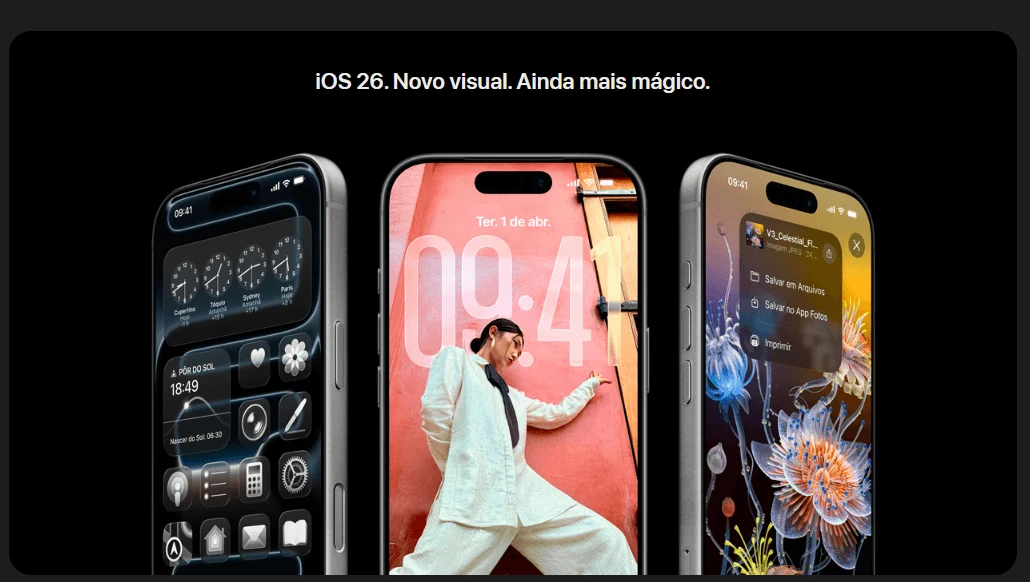 Três telas de iPhone exibindo recursos visuais do iOS 26